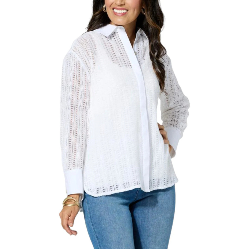 WynneCollection Woven Crochet Button-Down Shirt White - Regular